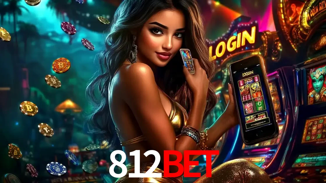 Mulher em um cenário de cassino temático de aventura, mostrando o app de caça-níqueis da 812bet no celular. Fichas de apostas flutuam ao redor.