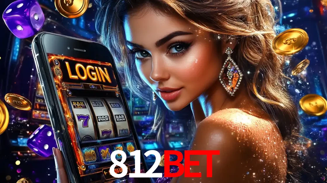 Mulher glamorosa segurando um smartphone com a tela de login para os jogos de caça-níqueis do cassino online 812bet, com moedas de ouro e dados ao redor.