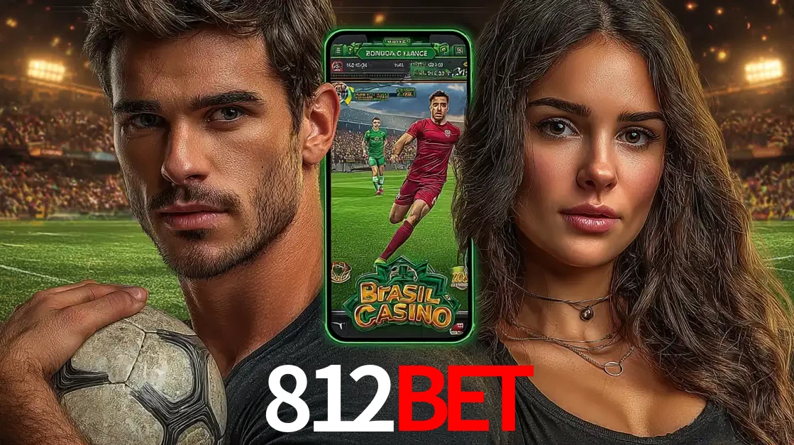 Homem segurando uma bola de futebol e uma mulher ao lado de um smartphone exibindo o jogo de apostas esportivas da 812bet. Faça seu palpite no cassino online.